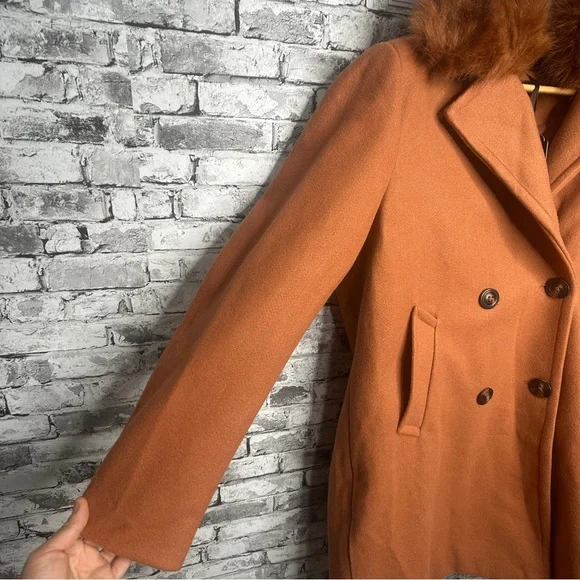 EUC XULIKU Women's Brown Double-Breasted Trench Coat Faux Fur Collar Size XXL - Picture 5 of 16